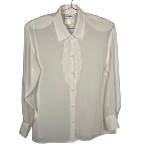Women's Vintage White Blouse Lace Trim Button Down‎ Long Sleeve Medium